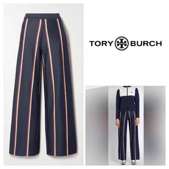 Tory Burch Sport Mini Double Stripe Wide Leg Trousers Pants Navy Blue Small Luxe - Picture 1 of 10
